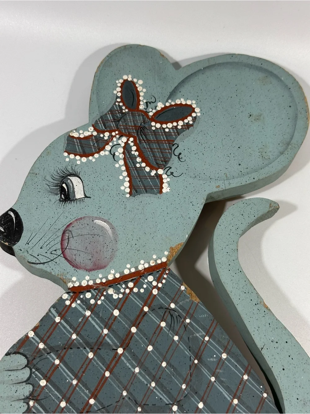 Vintage Signed Blue Folk Art Mouse Doorstop Country Primitive Handmade Whimsical